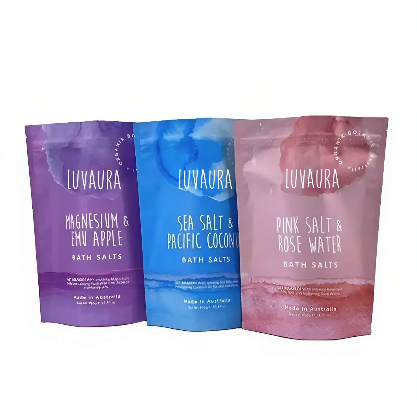 Luvaura Bath Salts Trio - Magnesium & Emu Apple / Sea Salt & Pacific Coconut / Pink Salt & Rose Water - Biodegradable Pouch